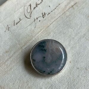 Vintage Moss Agate Brooch, Dendritic Agate, Silver Natural Gemstone Shawl Pin
